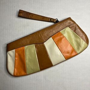 Hobo International Wallet Striped Zip Card Holder Clutch Tan Orange White